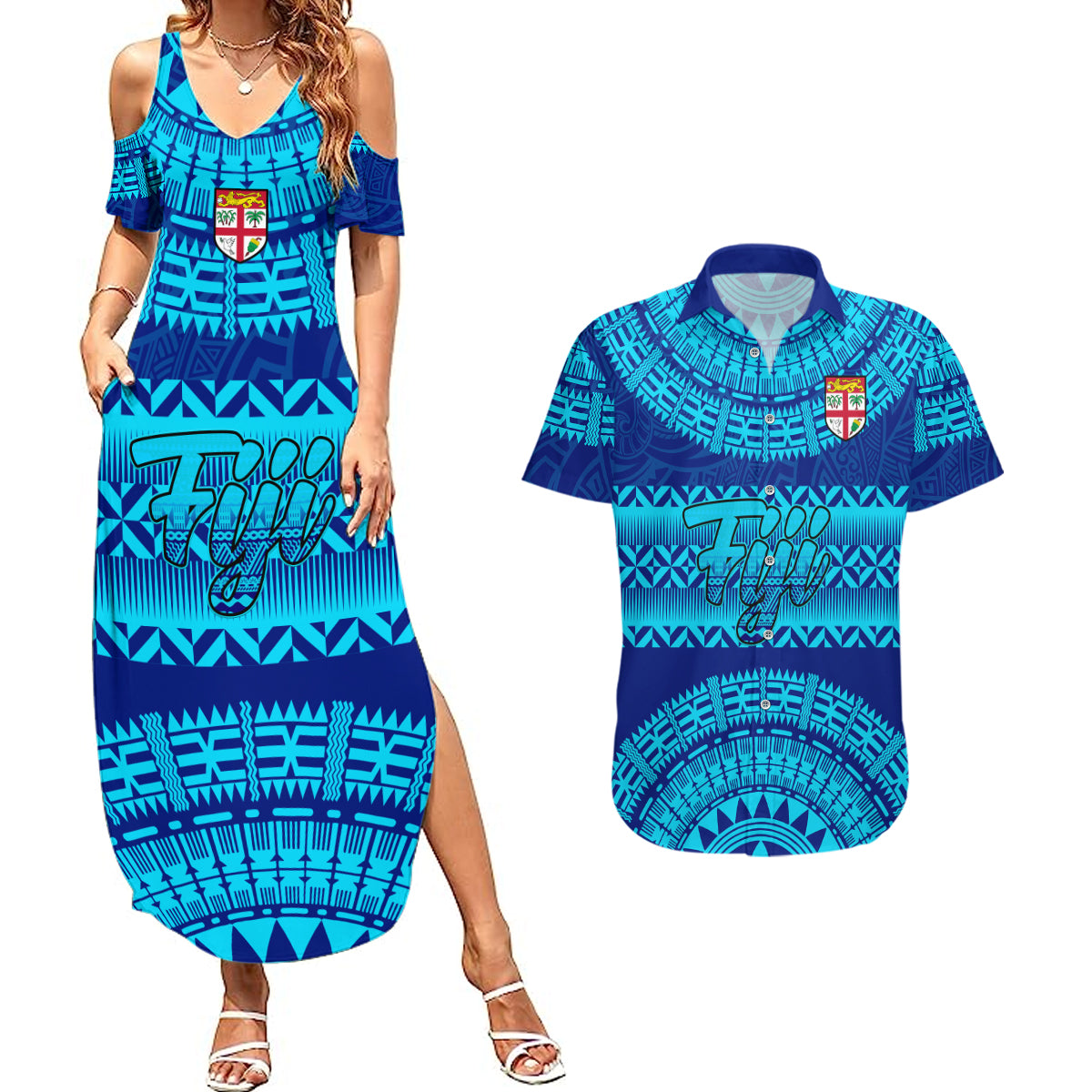 Personalised Fiji Couples Matching Summer Maxi Dress and Hawaiian Shirt Unique Fijian Tapa Pattern With Coat Of Arms LT14 Blue - Polynesian Pride