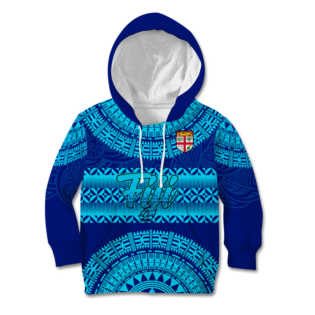 Personalised Fiji Kid Hoodie Unique Fijian Tapa Pattern With Coat Of Arms LT14 Hoodie Blue - Polynesian Pride