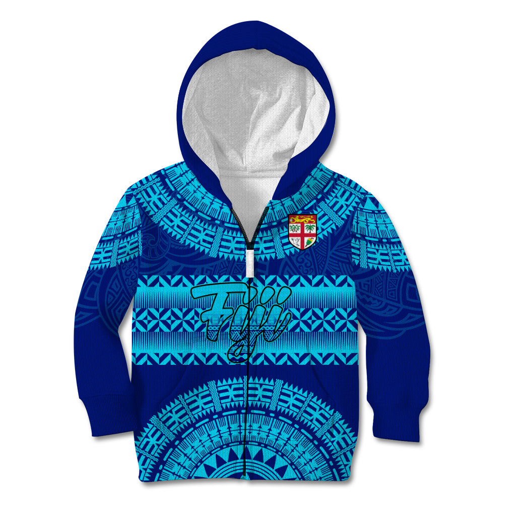 Personalised Fiji Kid Hoodie Unique Fijian Tapa Pattern With Coat Of Arms LT14 Zip Hoodie Blue - Polynesian Pride