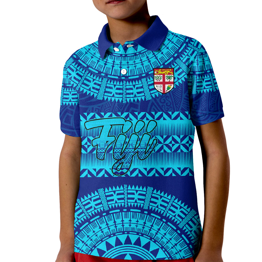 Personalised Fiji Kid Polo Shirt Unique Fijian Tapa Pattern With Coat Of Arms LT14 Kid Blue - Polynesian Pride