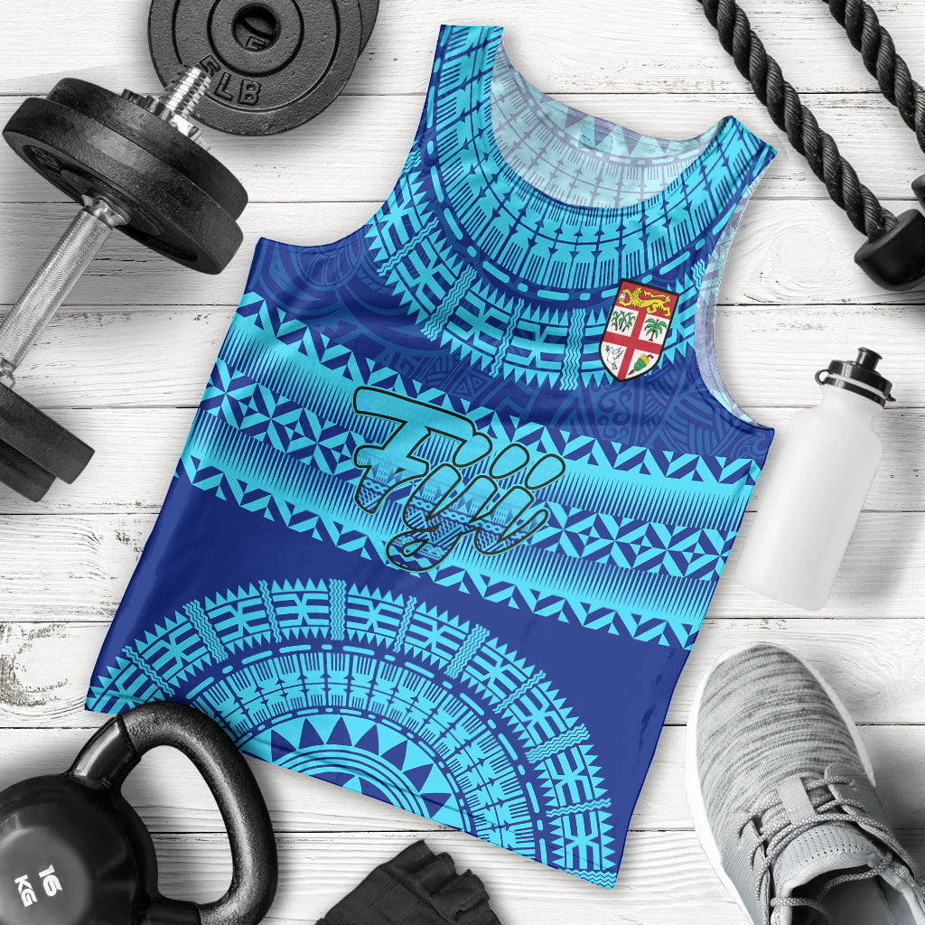 Personalised Fiji Men Tank Top Unique Fijian Tapa Pattern With Coat Of Arms LT14 Blue - Polynesian Pride