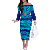Personalised Fiji Off The Shoulder Long Sleeve Dress Unique Fijian Tapa Pattern With Coat Of Arms LT14 Women Blue - Polynesian Pride
