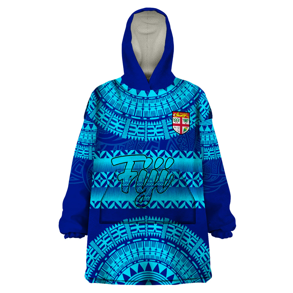 Personalised Fiji Wearable Blanket Hoodie Unique Fijian Tapa Pattern With Coat Of Arms LT14 One Size Blue - Polynesian Pride