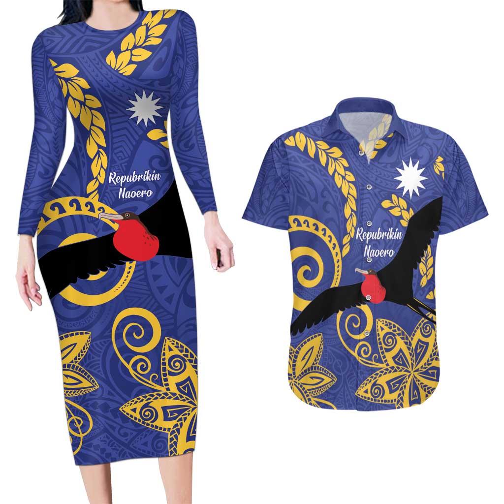 Nauru Angam Day Couples Matching Long Sleeve Bodycon Dress and Hawaiian Shirt Naoero Frigate Bird Polynesian Pattern