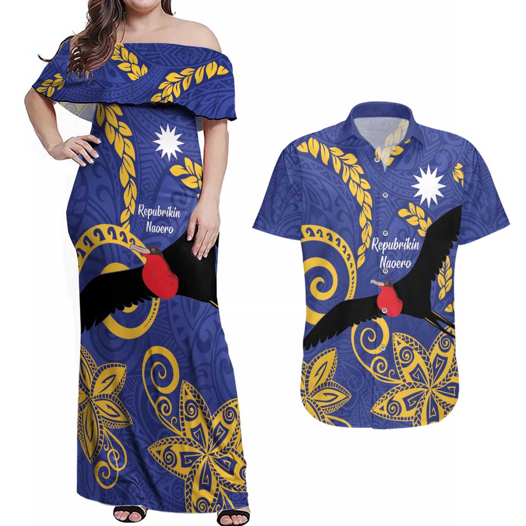 Nauru Angam Day Couples Matching Off Shoulder Maxi Dress and Hawaiian Shirt Naoero Frigate Bird Polynesian Pattern