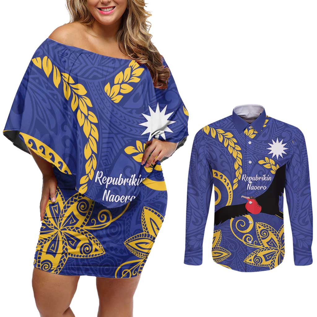 Nauru Angam Day Couples Matching Off Shoulder Short Dress and Long Sleeve Button Shirt Naoero Frigate Bird Polynesian Pattern