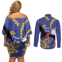 Nauru Angam Day Couples Matching Off Shoulder Short Dress and Long Sleeve Button Shirt Naoero Frigate Bird Polynesian Pattern