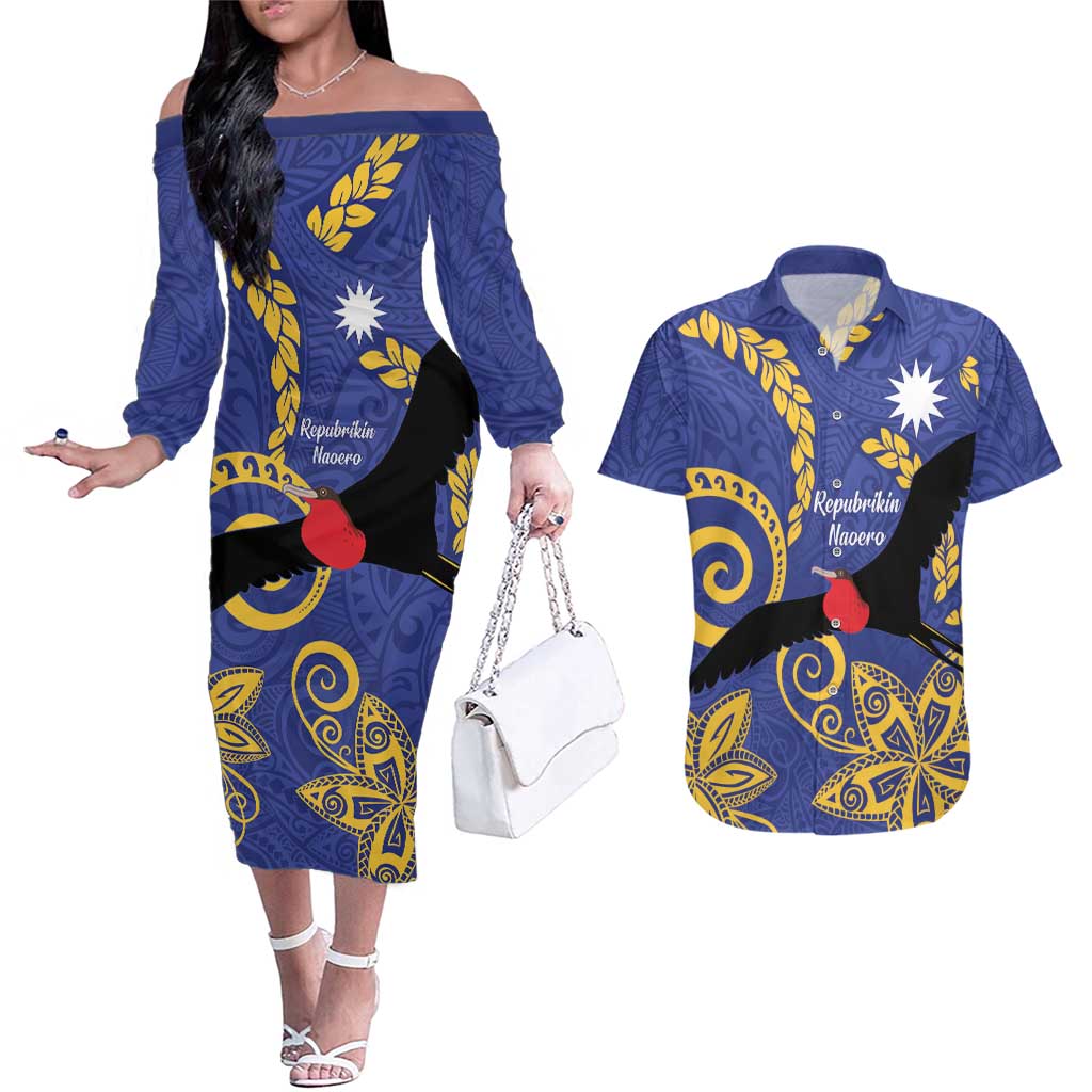 Nauru Angam Day Couples Matching Off The Shoulder Long Sleeve Dress and Hawaiian Shirt Naoero Frigate Bird Polynesian Pattern