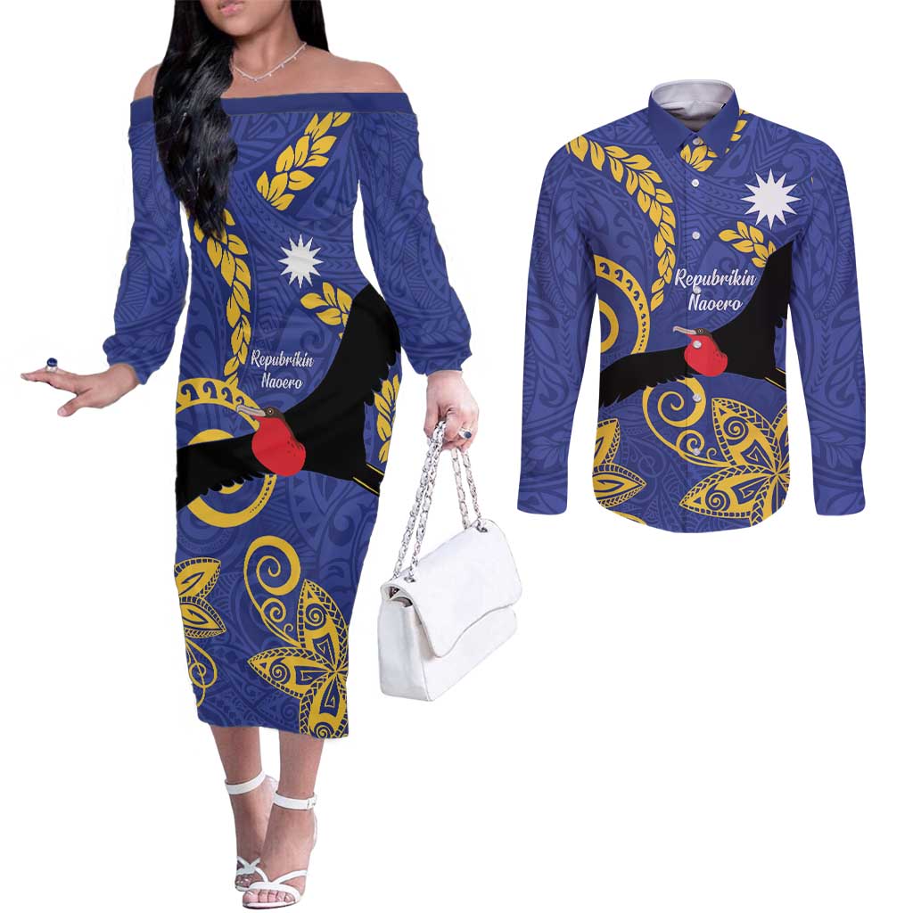 Nauru Angam Day Couples Matching Off The Shoulder Long Sleeve Dress and Long Sleeve Button Shirt Naoero Frigate Bird Polynesian Pattern