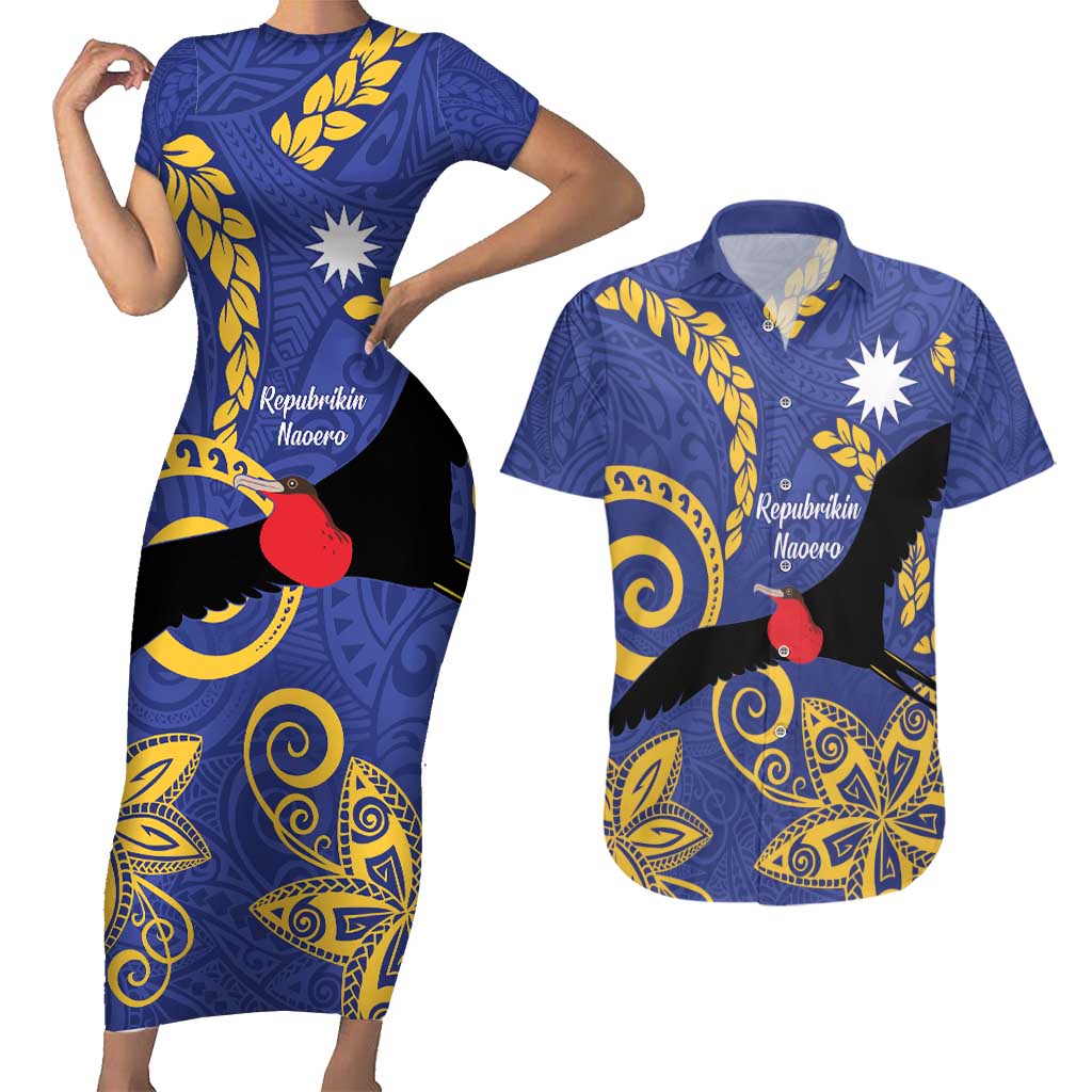 Nauru Angam Day Couples Matching Short Sleeve Bodycon Dress and Hawaiian Shirt Naoero Frigate Bird Polynesian Pattern