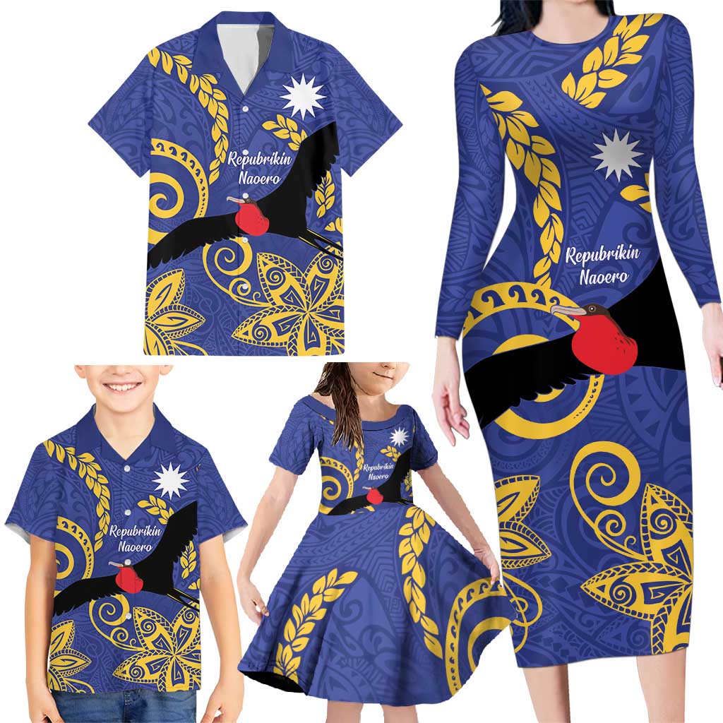 Nauru Angam Day Family Matching Long Sleeve Bodycon Dress and Hawaiian Shirt Naoero Frigate Bird Polynesian Pattern