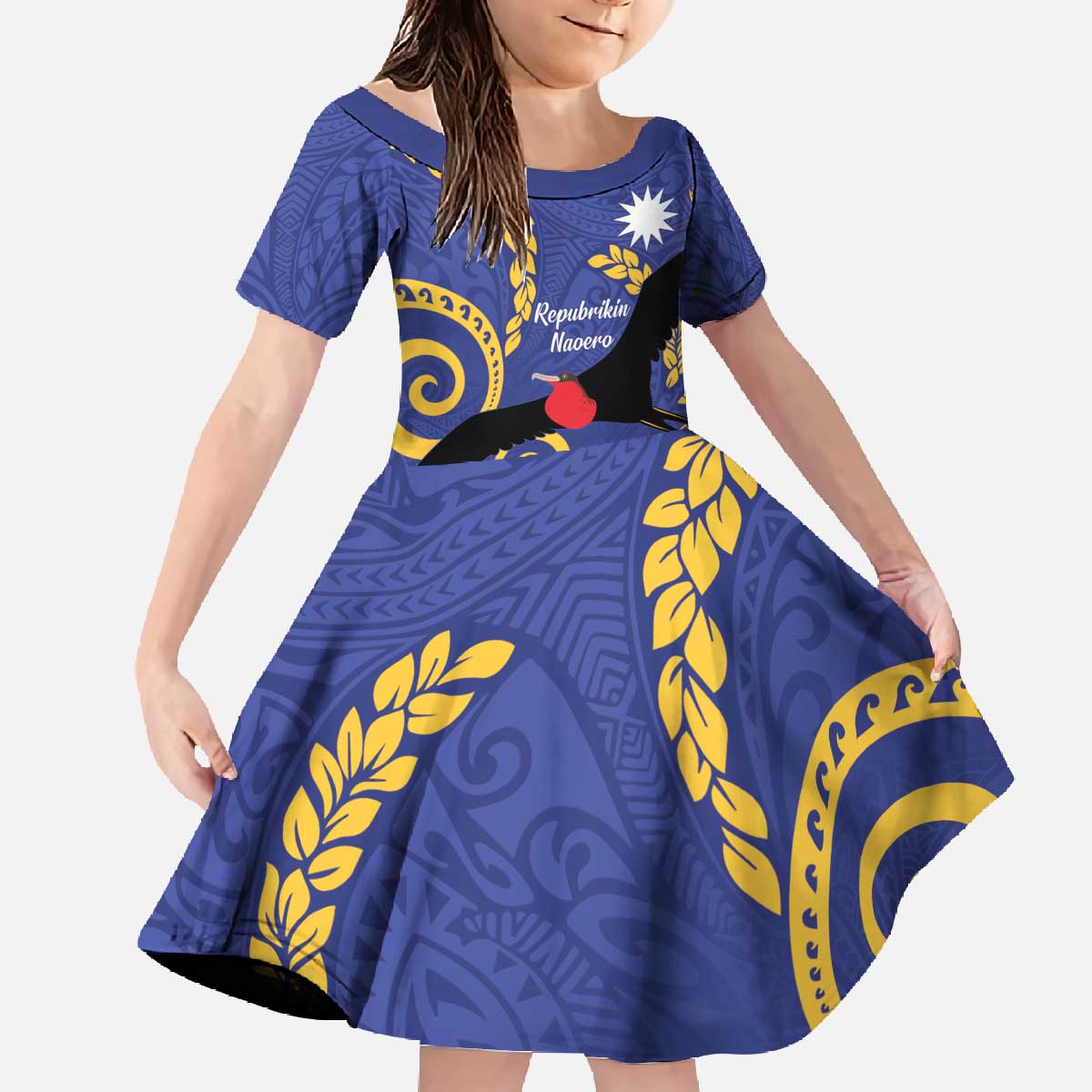 Nauru Angam Day Family Matching Off The Shoulder Long Sleeve Dress and Hawaiian Shirt Naoero Frigate Bird Polynesian Pattern