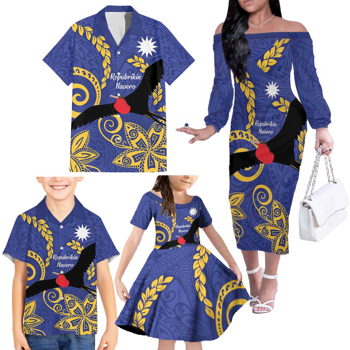 Nauru Angam Day Family Matching Off The Shoulder Long Sleeve Dress and Hawaiian Shirt Naoero Frigate Bird Polynesian Pattern