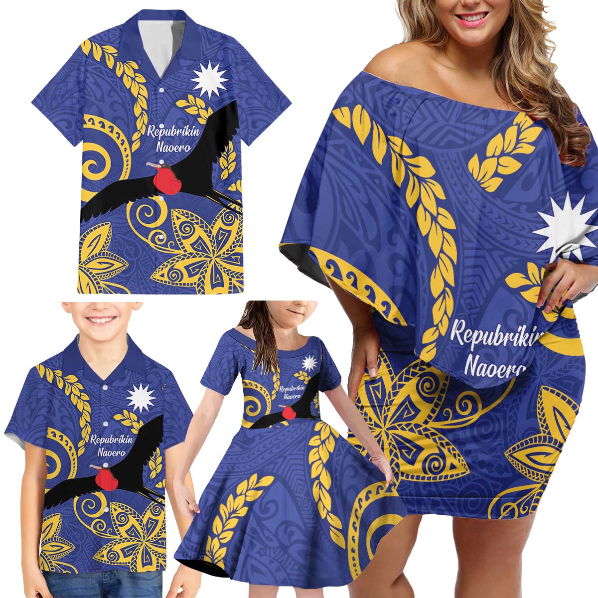 Nauru Angam Day Family Matching Off Shoulder Short Dress and Hawaiian Shirt Naoero Frigate Bird Polynesian Pattern