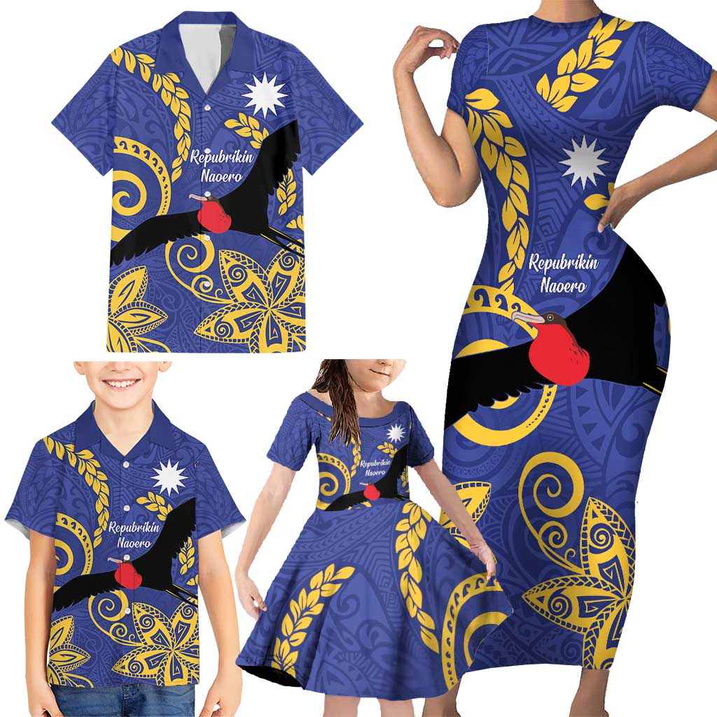 Nauru Angam Day Family Matching Short Sleeve Bodycon Dress and Hawaiian Shirt Naoero Frigate Bird Polynesian Pattern