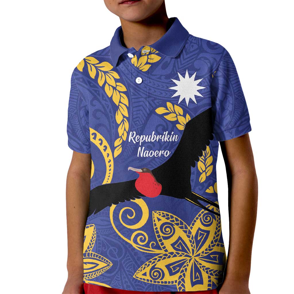 Nauru Angam Day Kid Polo Shirt Naoero Frigate Bird Polynesian Pattern