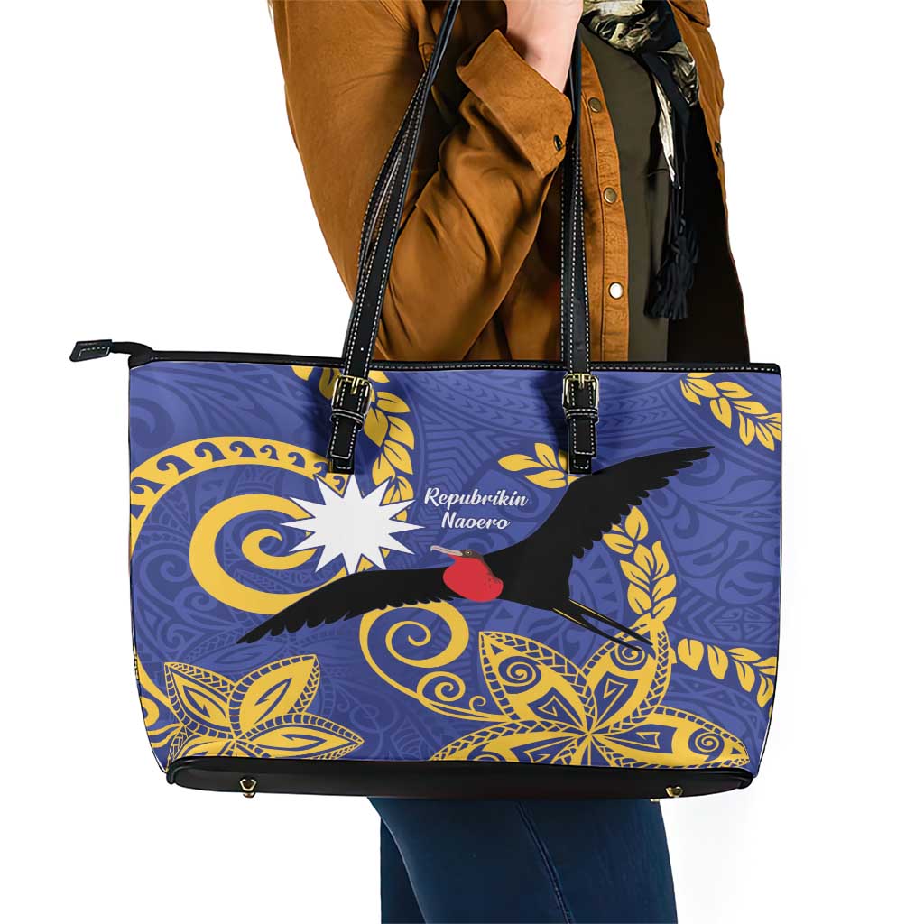 Nauru Angam Day Leather Tote Bag Naoero Frigate Bird Polynesian Pattern