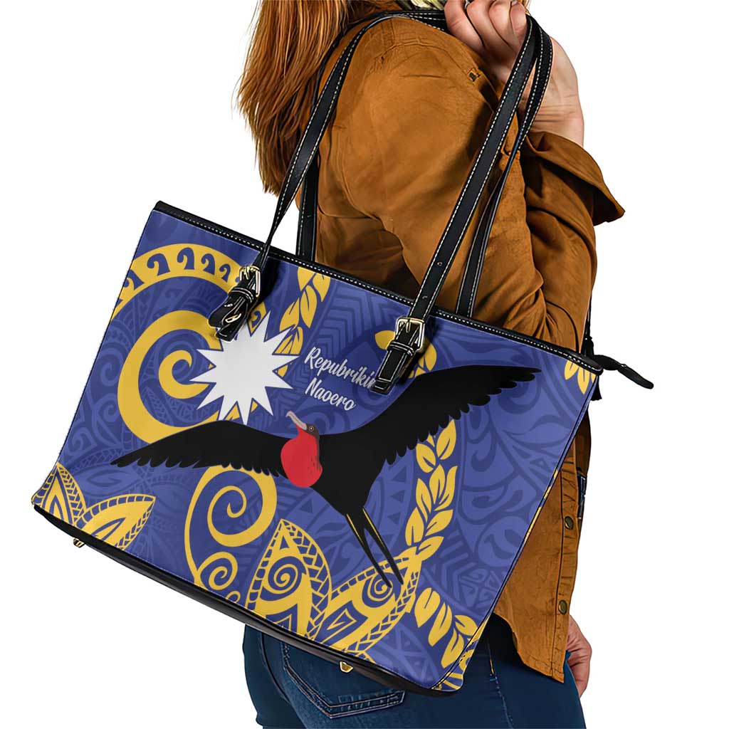 Nauru Angam Day Leather Tote Bag Naoero Frigate Bird Polynesian Pattern