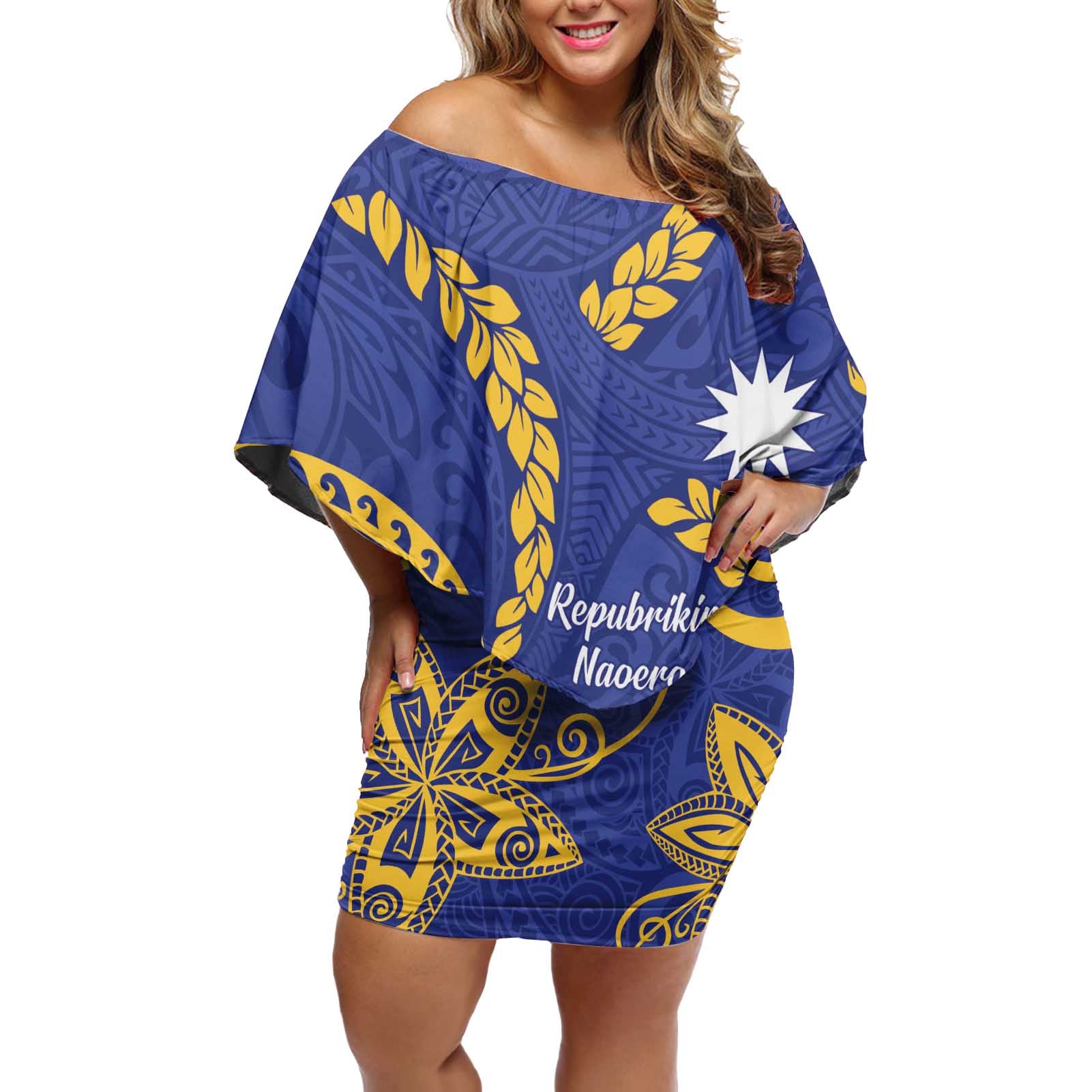 Nauru Angam Day Off Shoulder Short Dress Naoero Frigate Bird Polynesian Pattern