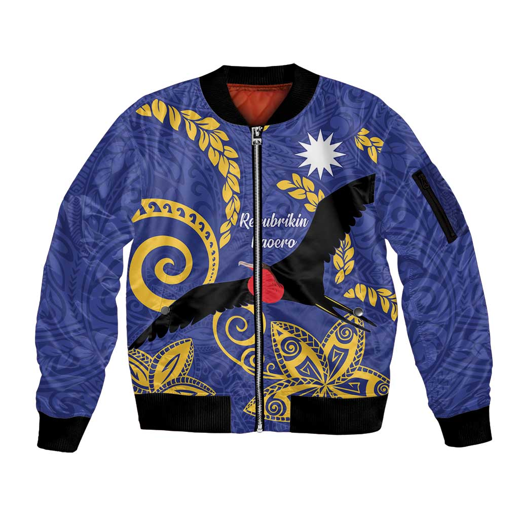 Nauru Angam Day Sleeve Zip Bomber Jacket Naoero Frigate Bird Polynesian Pattern