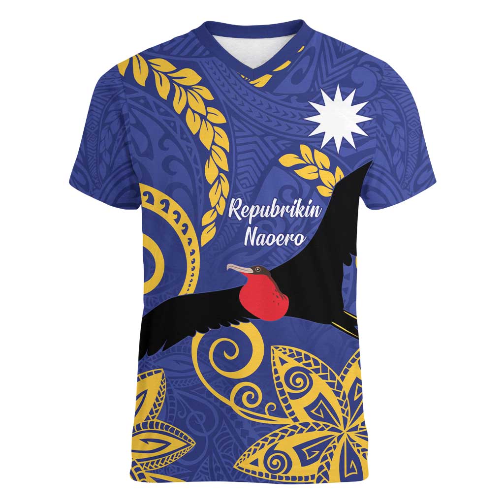 Nauru Angam Day Women V-Neck T-Shirt Naoero Frigate Bird Polynesian Pattern