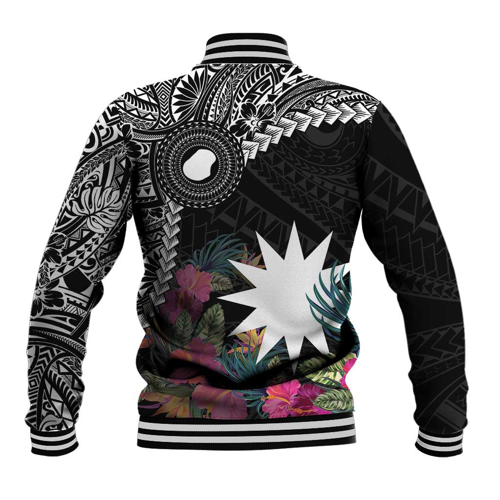 Black Nauru Baseball Jacket Naoero Map With Polynesian Tropical Flowers
