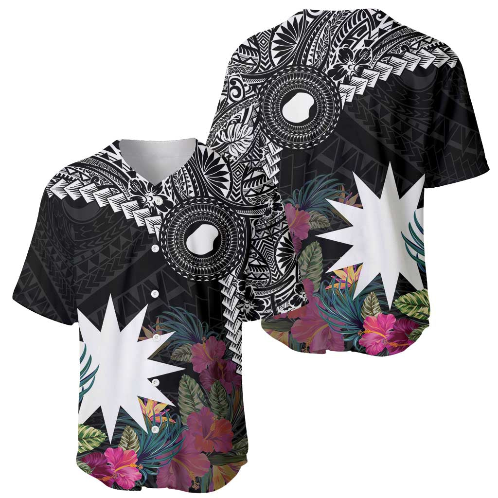 Black Nauru Baseball Jersey Naoero Map With Polynesian Tropical Flowers