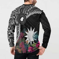 Black Nauru Button Sweatshirt Naoero Map With Polynesian Tropical Flowers