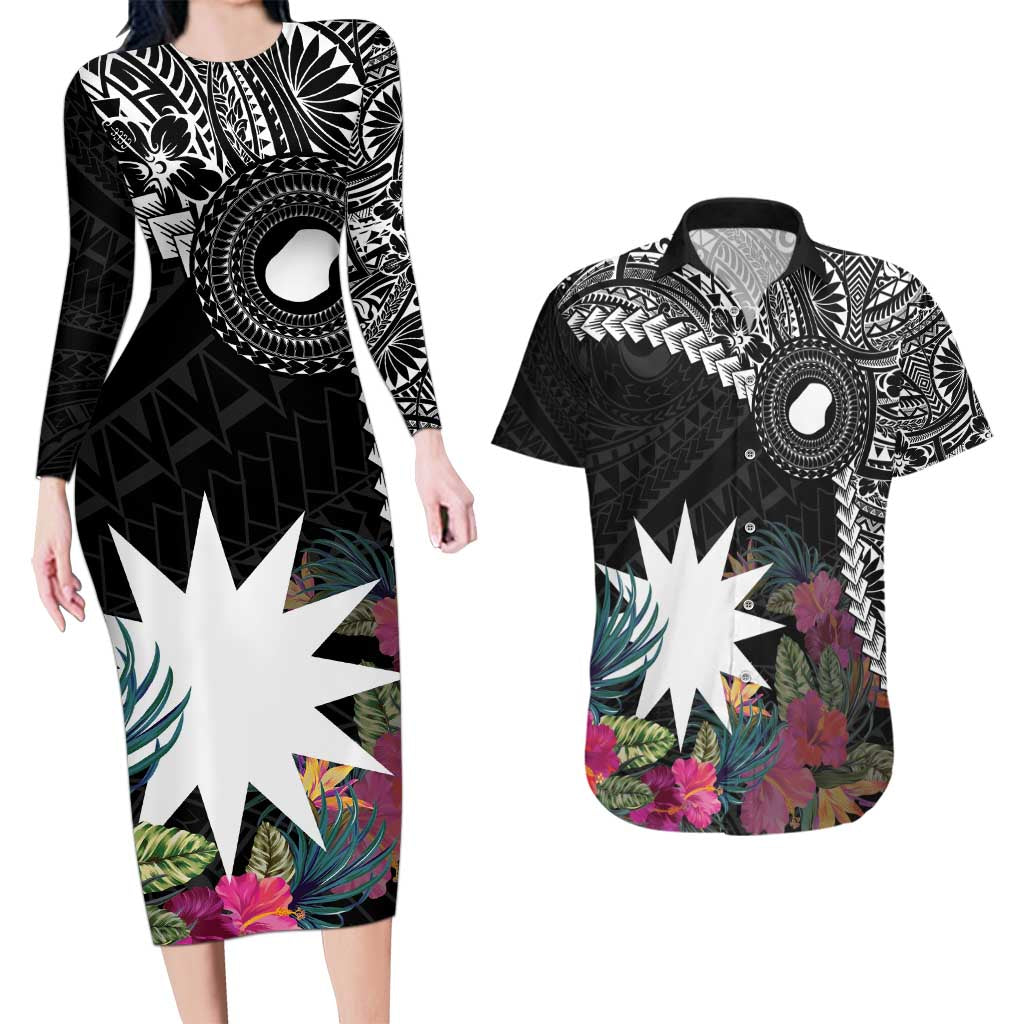 Black Nauru Couples Matching Long Sleeve Bodycon Dress and Hawaiian Shirt Naoero Map With Polynesian Tropical Flowers