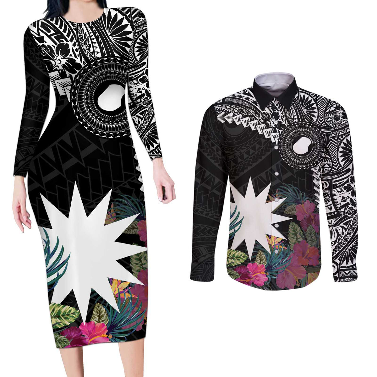 Black Nauru Couples Matching Long Sleeve Bodycon Dress and Long Sleeve Button Shirt Naoero Map With Polynesian Tropical Flowers