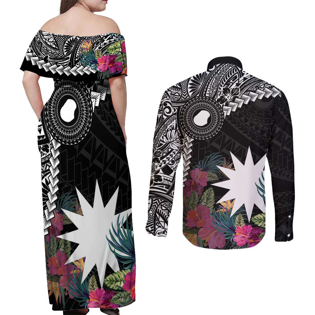 Black Nauru Couples Matching Off Shoulder Maxi Dress and Long Sleeve Button Shirt Naoero Map With Polynesian Tropical Flowers
