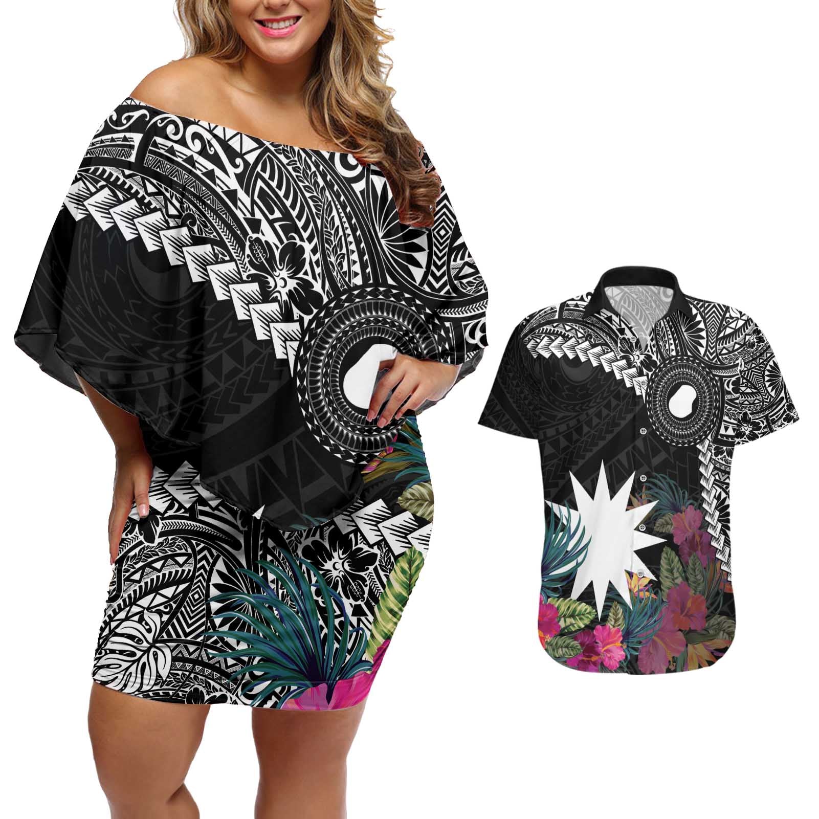 Black Nauru Couples Matching Off Shoulder Short Dress and Hawaiian Shirt Naoero Map With Polynesian Tropical Flowers