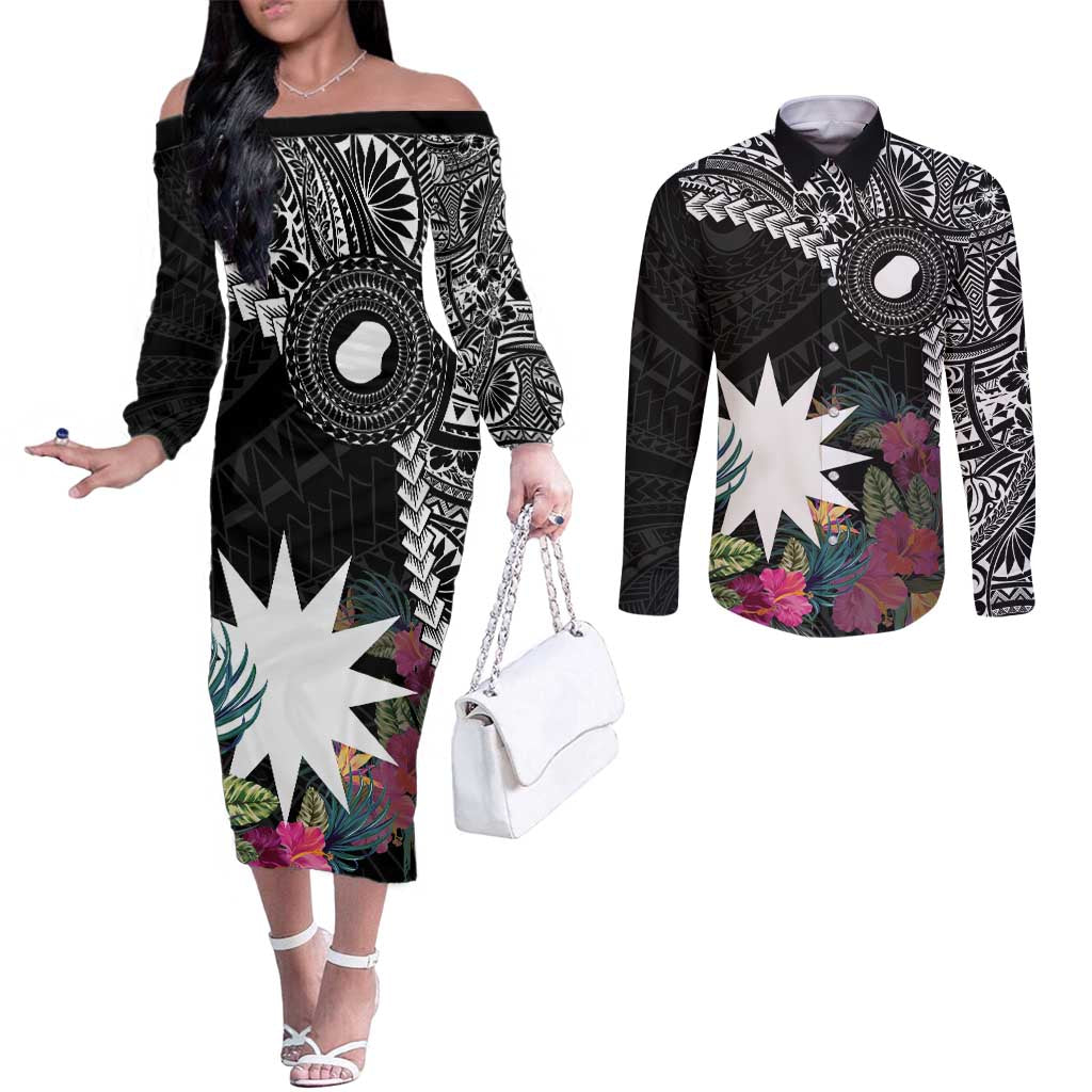 Black Nauru Couples Matching Off The Shoulder Long Sleeve Dress and Long Sleeve Button Shirt Naoero Map With Polynesian Tropical Flowers