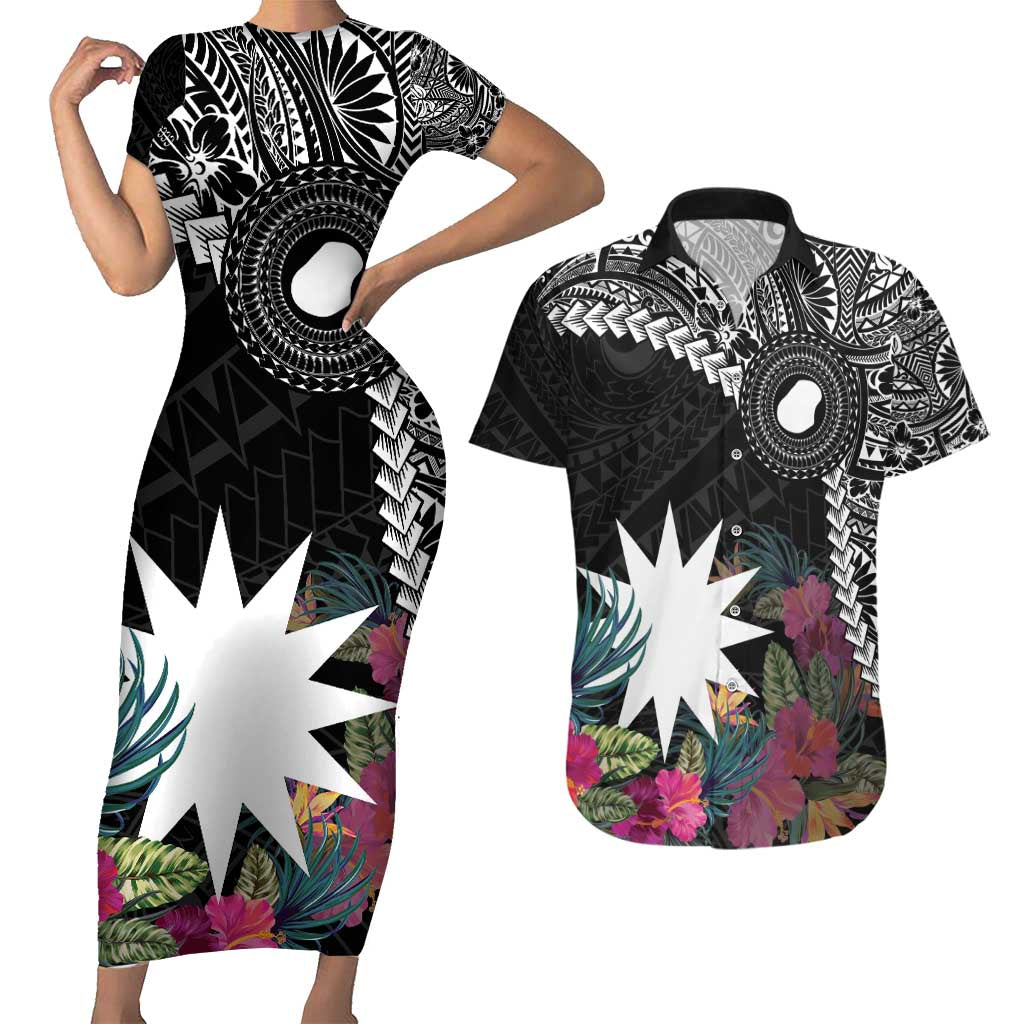 Black Nauru Couples Matching Short Sleeve Bodycon Dress and Hawaiian Shirt Naoero Map With Polynesian Tropical Flowers