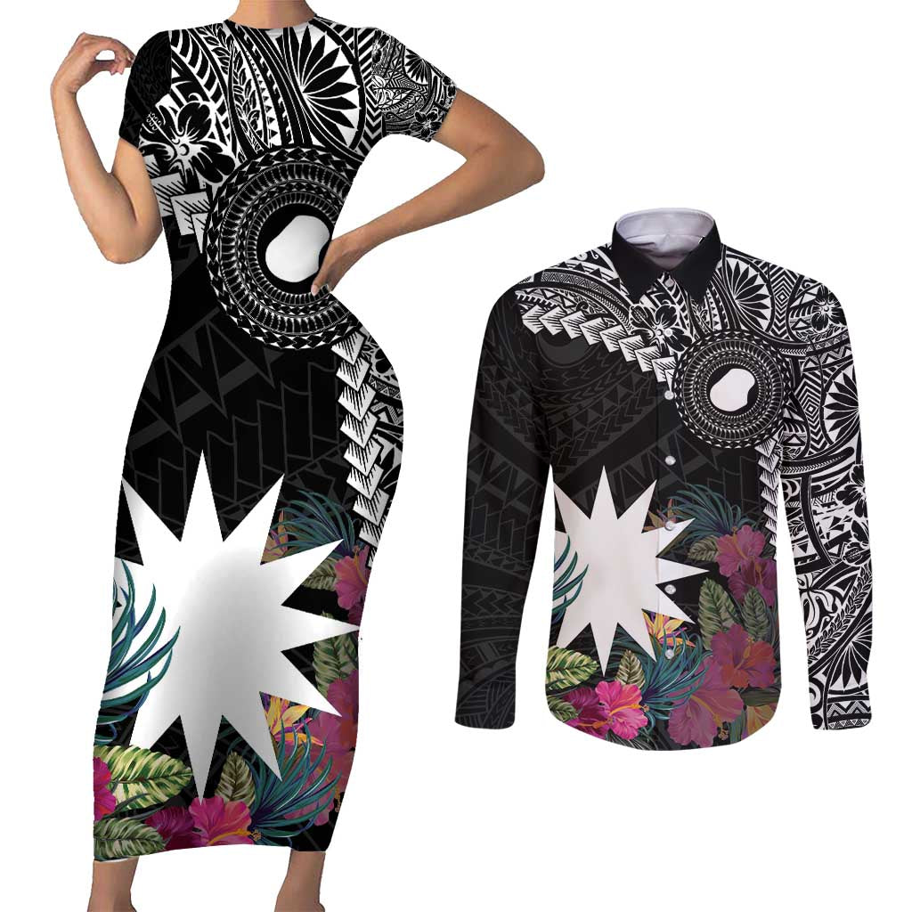 Black Nauru Couples Matching Short Sleeve Bodycon Dress and Long Sleeve Button Shirt Naoero Map With Polynesian Tropical Flowers
