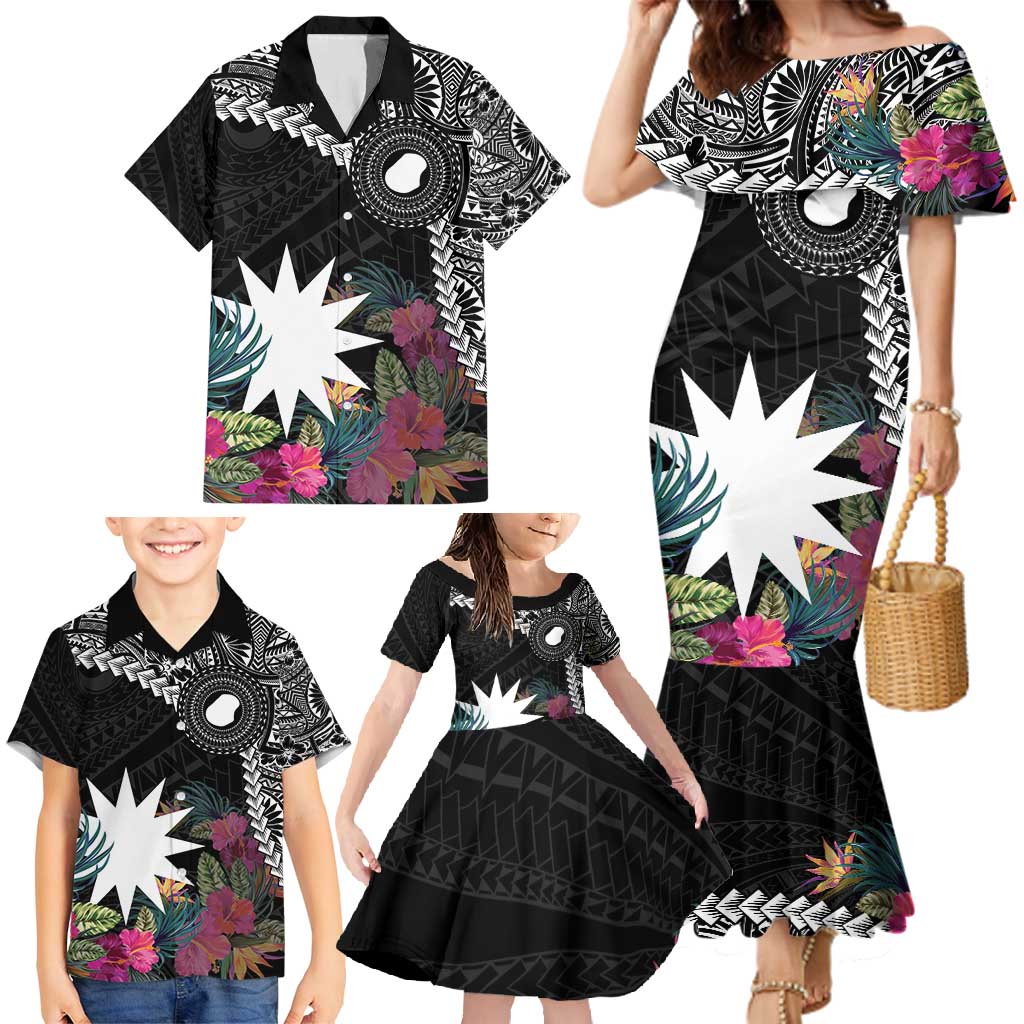 Black Nauru Family Matching Mermaid Dress and Hawaiian Shirt Naoero Map With Polynesian Tropical Flowers