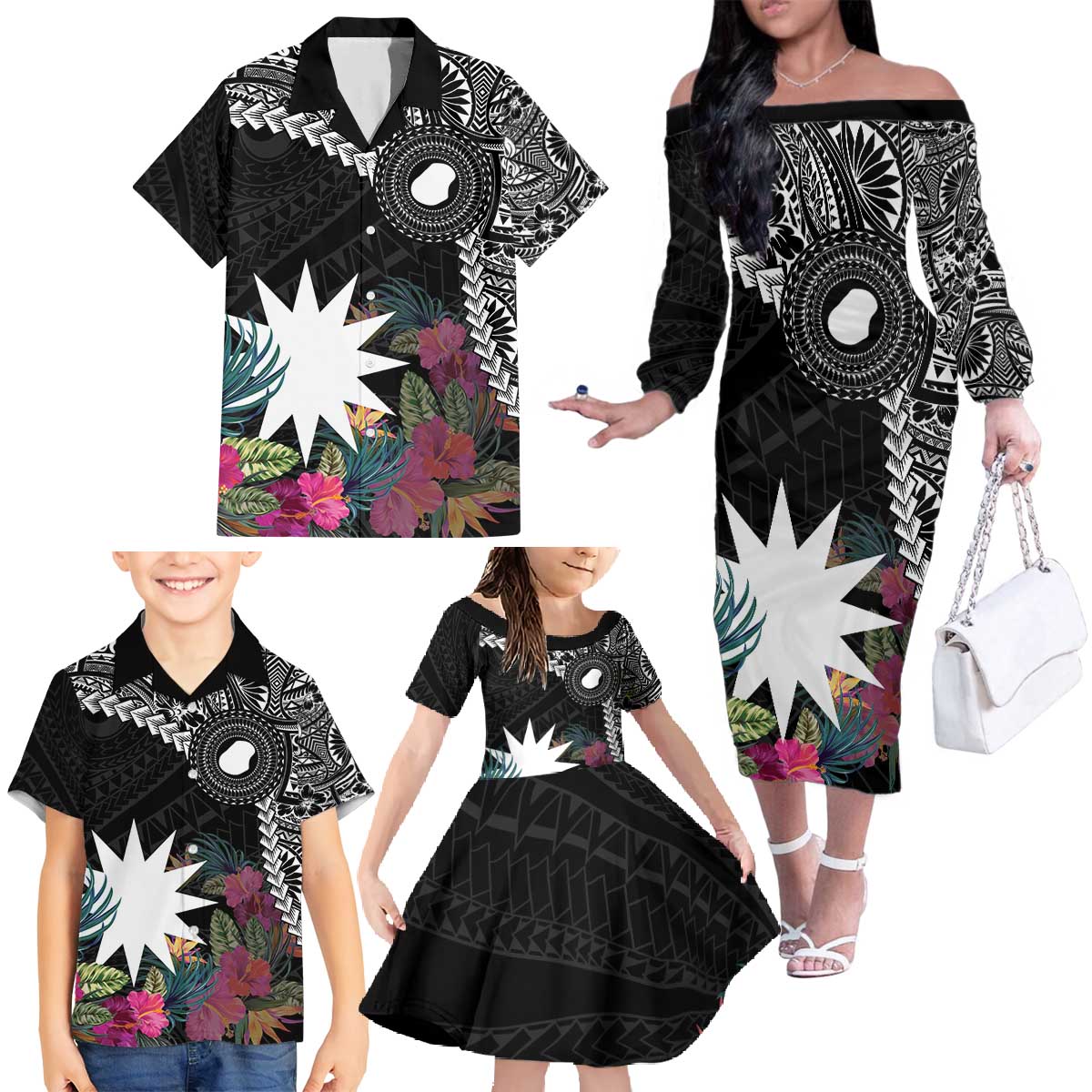 Black Nauru Family Matching Off The Shoulder Long Sleeve Dress and Hawaiian Shirt Naoero Map With Polynesian Tropical Flowers