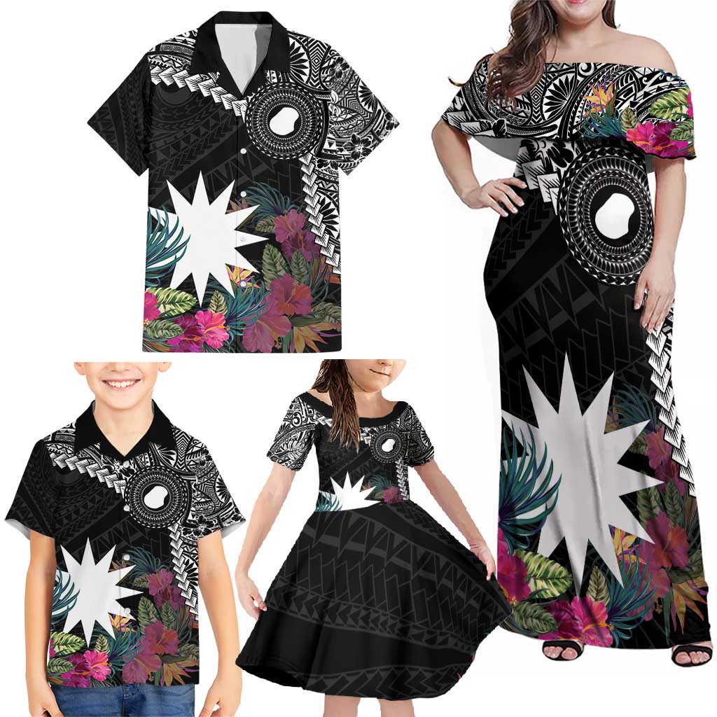 Black Nauru Family Matching Off Shoulder Maxi Dress and Hawaiian Shirt Naoero Map With Polynesian Tropical Flowers