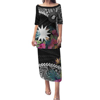 Black Nauru Family Matching Puletasi and Hawaiian Shirt Naoero Map With Polynesian Tropical Flowers