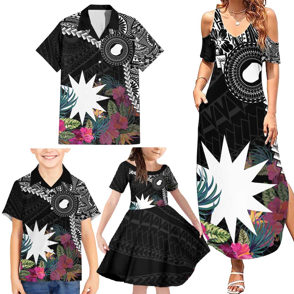 Black Nauru Family Matching Summer Maxi Dress and Hawaiian Shirt Naoero Map With Polynesian Tropical Flowers