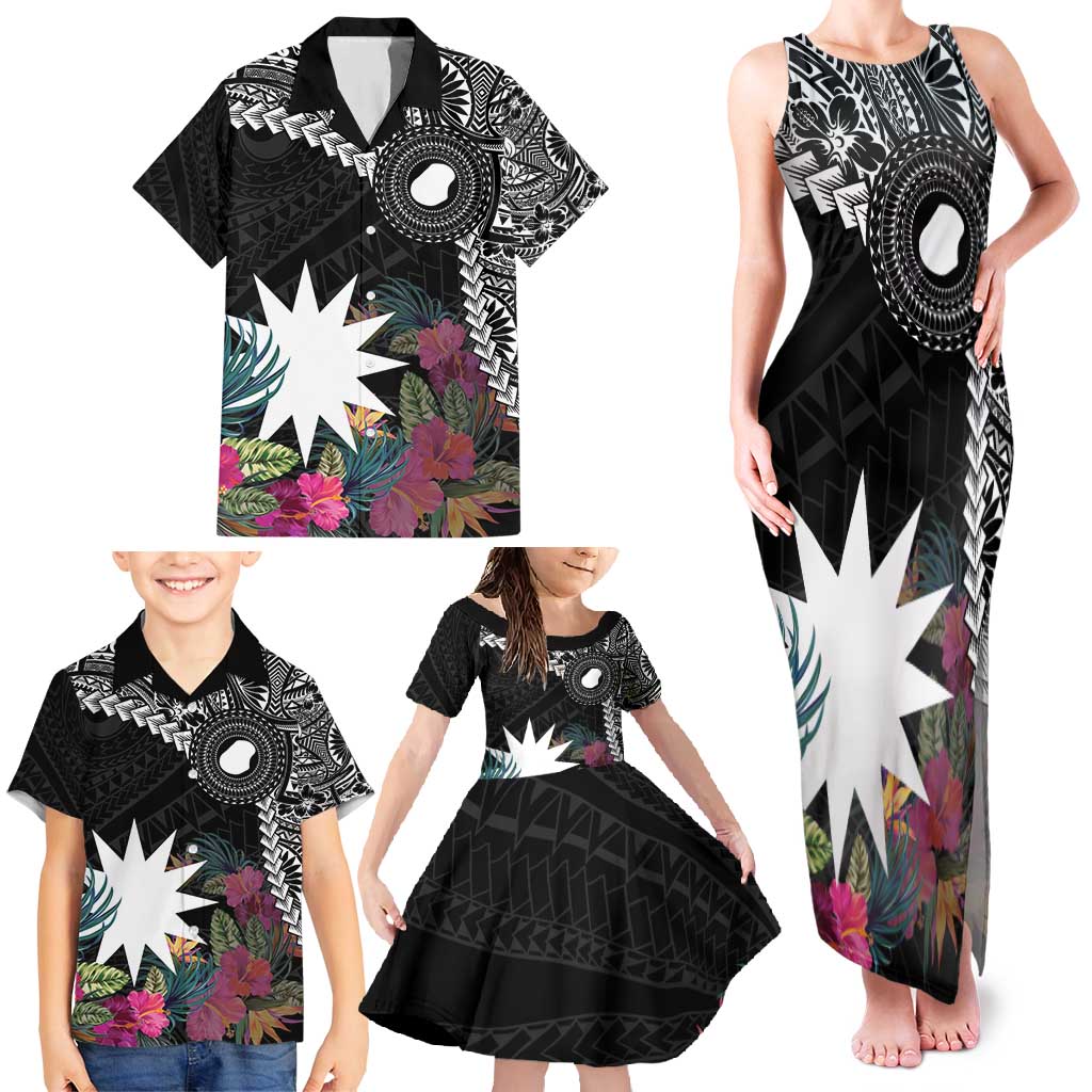 Black Nauru Family Matching Tank Maxi Dress and Hawaiian Shirt Naoero Map With Polynesian Tropical Flowers