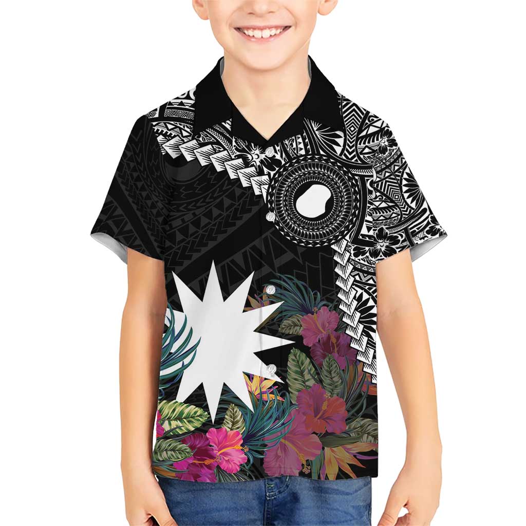 Black Nauru Kid Hawaiian Shirt Naoero Map With Polynesian Tropical Flowers