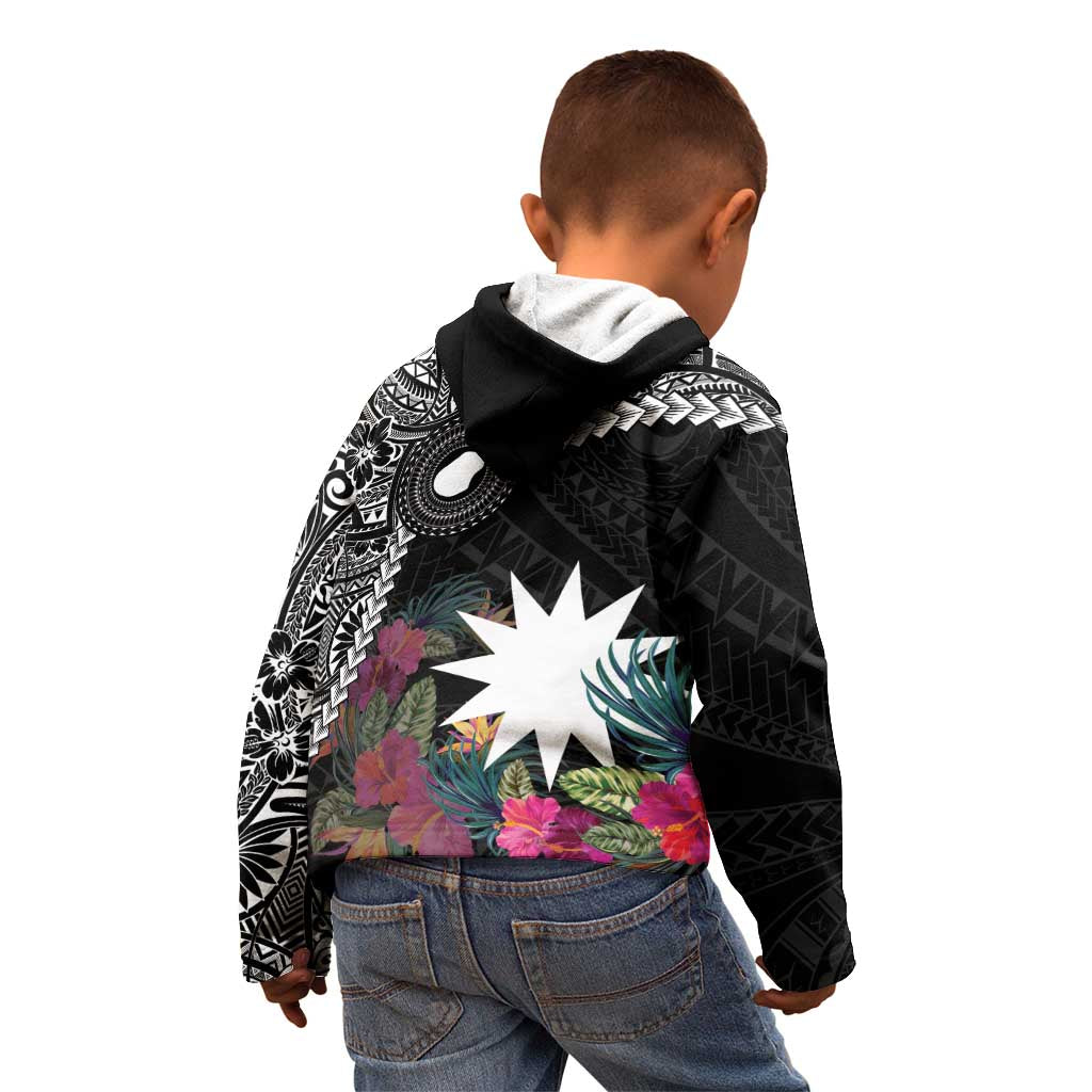 Black Nauru Kid Hoodie Naoero Map With Polynesian Tropical Flowers