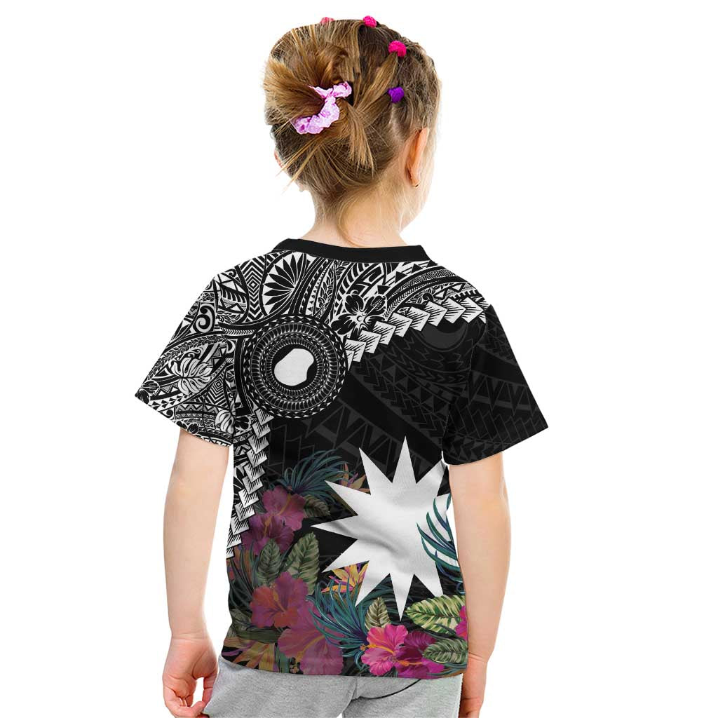 Black Nauru Kid T Shirt Naoero Map With Polynesian Tropical Flowers