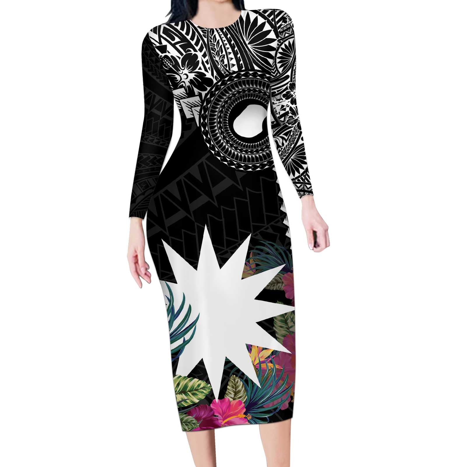 Black Nauru Long Sleeve Bodycon Dress Naoero Map With Polynesian Tropical Flowers