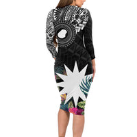 Black Nauru Long Sleeve Bodycon Dress Naoero Map With Polynesian Tropical Flowers