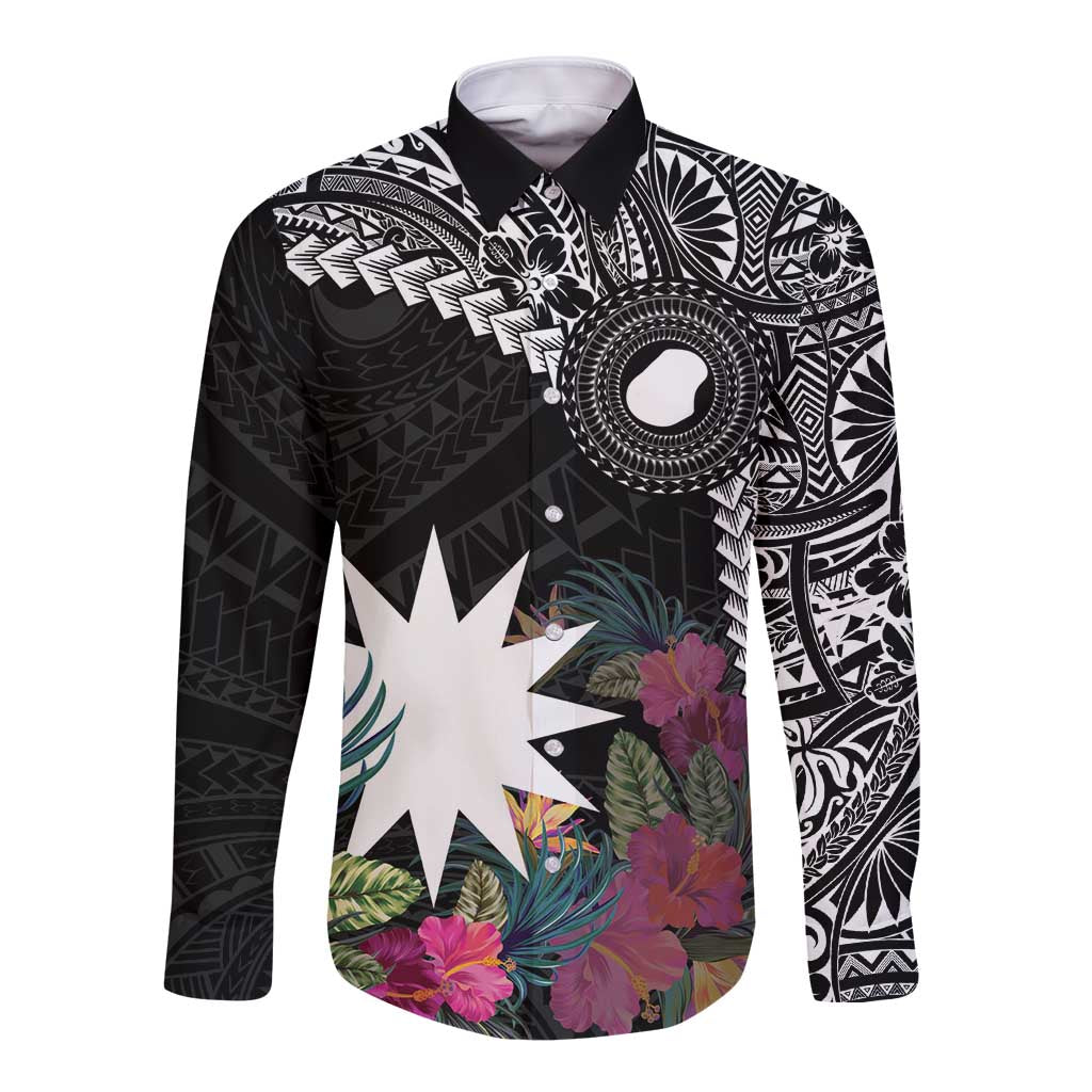 Black Nauru Long Sleeve Button Shirt Naoero Map With Polynesian Tropical Flowers