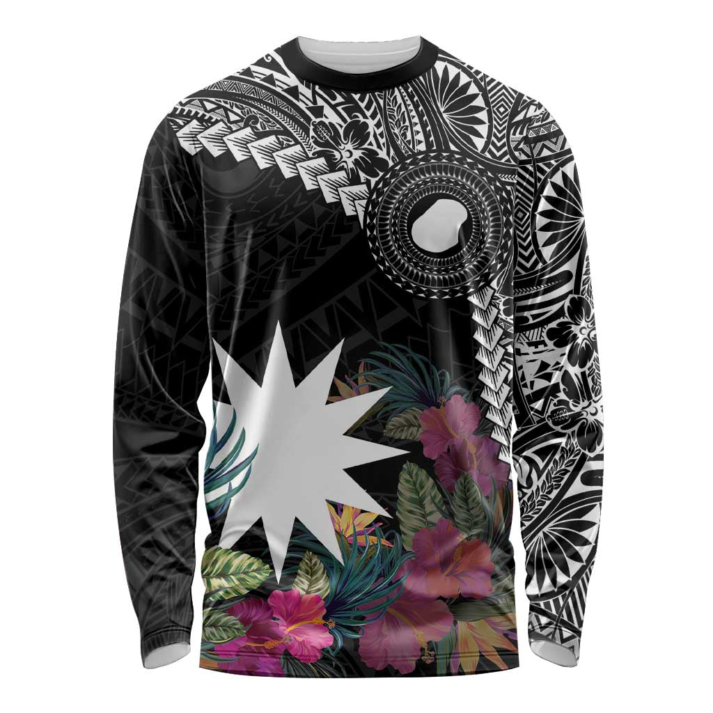 Black Nauru Long Sleeve Shirt Naoero Map With Polynesian Tropical Flowers