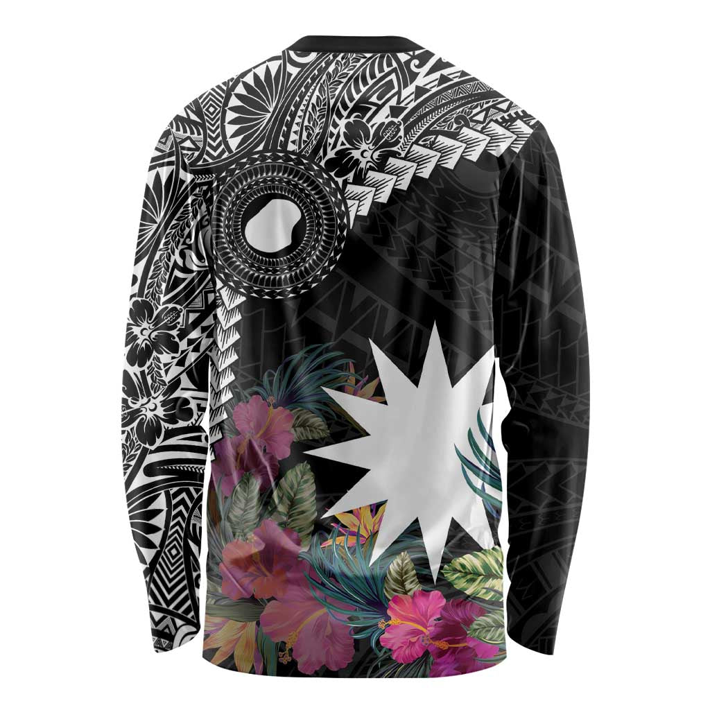 Black Nauru Long Sleeve Shirt Naoero Map With Polynesian Tropical Flowers