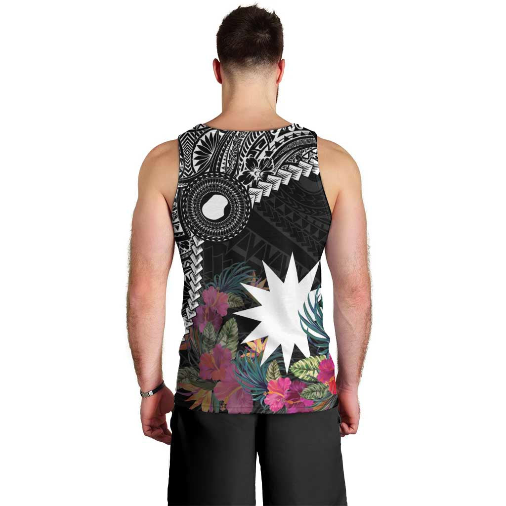 Black Nauru Men Tank Top Naoero Map With Polynesian Tropical Flowers